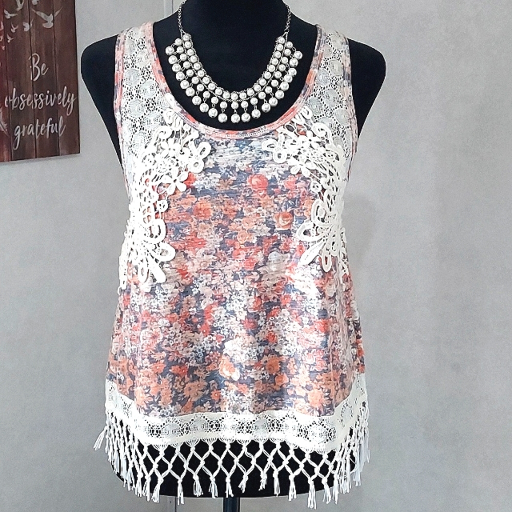 COCO & JAMESON LACE & FRINGE TANK TOP, SMALL